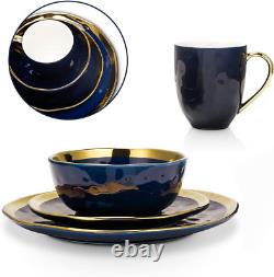 Elegant 16-Piece Porcelain Dinnerware Set for 4 Dark Blue & Gold Rim