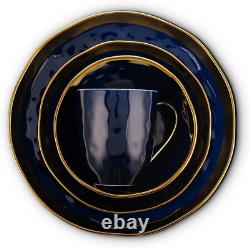 Elegant 16-Piece Porcelain Dinnerware Set for 4 Dark Blue & Gold Rim