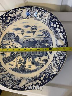 English Village Blue White Salem Dinner Plate Made Japan 14.5 Hot Air Balloon