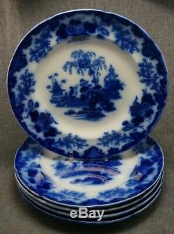 FLOW BLUE Oriental Stone J&G Alcock SCINDE DINNER PLATES Set of 5 10 1/2