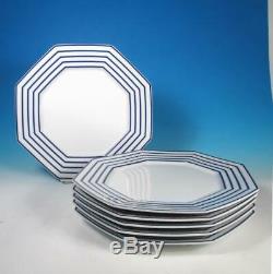 Fitz & Floyd SET (6) Pin Stripe Blue Porcelain 10+ Dinner Plates Retired EXCL