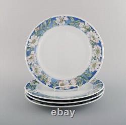 Four Royal Copenhagen White Rose dinner plates with blue border, white flowers
