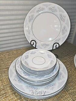 GORGEOUS! Fine China Dinnerware Sapphire by SILVERIE Rimmed In Platinum 20 Pc
