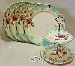 Grace Porcelain Dinner Plates & Server White Blue & Pink Floral Set of Four New