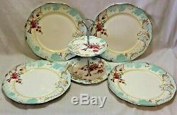 Grace Porcelain Dinner Plates & Server White Blue & Pink Floral Set of Four New