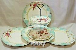 Grace Porcelain Dinner Plates & Server White Blue & Pink Floral Set of Four New