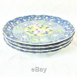 Gumps Botan Imari Set 4 Dinner Plates Asian Blue Multi Color Floral 10.5d