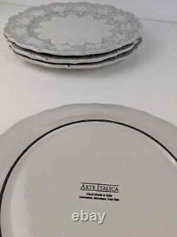 HTF Arte Italica Set of 4 Merletto Dinner Plates Grayish Blue Creme