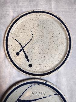 Hand Thrown, Studio Art Pottery, Stoneware, Plates, Signed, 10.5, Blue Accents
