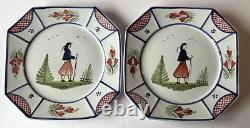 Henriot Quimper Faience Mistral Blue 2 Dinner Plate Breton Man Octagonal 9.75