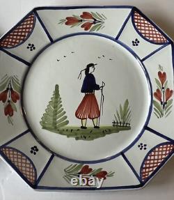 Henriot Quimper Faience Mistral Blue 2 Dinner Plate Breton Man Octagonal 9.75