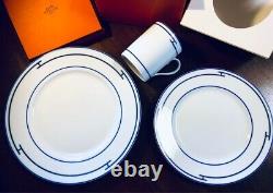 Hermes Porcelain Rythme Blue Dinner Plate Dessert Plate & Mug set of 3 New