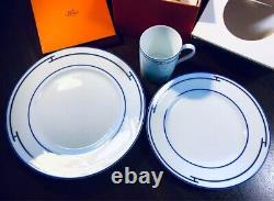 Hermes Porcelain Rythme Blue Dinner Plate Dessert Plate & Mug set of 3 New