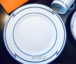 Hermes Porcelain Rythme Blue Dinner Plate Dessert Plate & Mug set of 3 New