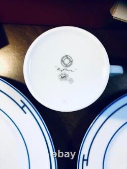 Hermes Porcelain Rythme Blue Dinner Plate Dessert Plate & Mug set of 3 New