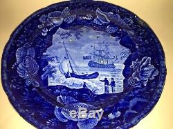 Historical Staffordshire Dark Blue Dinner Plate Ship Cadmus Ca. 1825