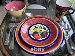 Hudsons Bay TOGO 24-pc Dinnerware Set in Burgundy/Royal Blue/Fruit Motif EUC