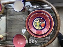 Hudsons Bay TOGO 24-pc Dinnerware Set in Burgundy/Royal Blue/Fruit Motif EUC