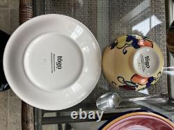 Hudsons Bay TOGO 24-pc Dinnerware Set in Burgundy/Royal Blue/Fruit Motif EUC