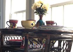 Hudsons Bay TOGO 24-pc Dinnerware Set in Burgundy/Royal Blue/Fruit Motif EUC