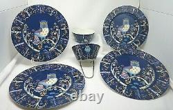 Iittala Taika Blue Owl Klaus Haapaniemi 4-Dinner Plates 2-Bowls Finland EUC