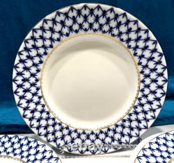 Imperial Porcelain Cobalt Net 9.5 Lg. Lomonosov Blue DINNER Luncheon PLATES NEW