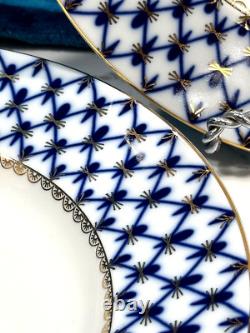 Imperial Porcelain Cobalt Net 9.5 Lg. Lomonosov Blue DINNER Luncheon PLATES NEW