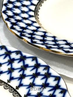 Imperial Porcelain Cobalt Net 9.5 Lg. Lomonosov Blue DINNER Luncheon PLATES NEW