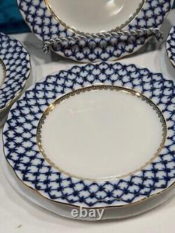 Imperial Porcelain Cobalt Net 9.5 Lg. Lomonosov Blue DINNER Luncheon PLATES NEW