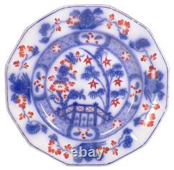 Indian Bridge Flow Blue Dinner Plate Samuel Alcock Ironstone Red Flowers