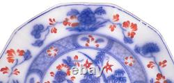 Indian Bridge Flow Blue Dinner Plate Samuel Alcock Ironstone Red Flowers