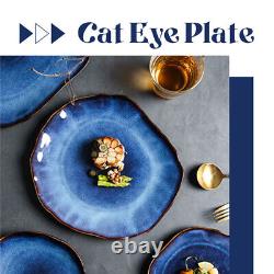 Irregular Ceramic Dinner Plates Set of 4, Blue Salad Pasta Plates for Kitchen