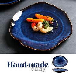 Irregular Ceramic Dinner Plates Set of 4, Blue Salad Pasta Plates for Kitchen