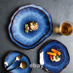 Irregular Ceramic Dinner Plates Set of 4, Blue Salad Pasta Plates for Kitchen