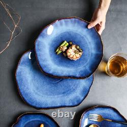 Irregular Ceramic Dinner Plates Set of 4, Blue Salad Pasta Plates for Kitchen