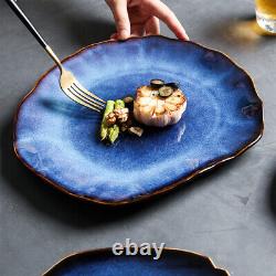Irregular Ceramic Dinner Plates Set of 4, Blue Salad Pasta Plates for Kitchen