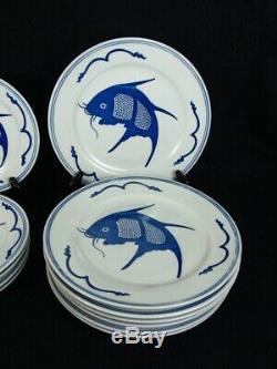 Jingdezhen Zhi Rare Koi Fish Cobalt Blue Salad Dinner Plates and Soup Bowls