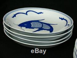 Jingdezhen Zhi Rare Koi Fish Cobalt Blue Salad Dinner Plates and Soup Bowls