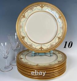LENOX 10pc 10 3/8 Dinner Plates w Raised Gold Enamel, Encrusted, Cream & Teal