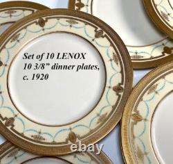 LENOX 10pc 10 3/8 Dinner Plates w Raised Gold Enamel, Encrusted, Cream & Teal