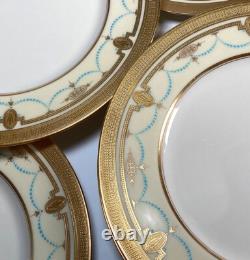 LENOX 10pc 10 3/8 Dinner Plates w Raised Gold Enamel, Encrusted, Cream & Teal