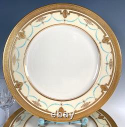 LENOX 10pc 10 3/8 Dinner Plates w Raised Gold Enamel, Encrusted, Cream & Teal