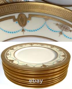 LENOX 10pc 10 3/8 Dinner Plates w Raised Gold Enamel, Encrusted, Cream & Teal