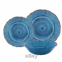 Le Cadeaux Antiqua Blue Dinner Salad PlatesCereal Bowls 12-PC Dinnerware Set