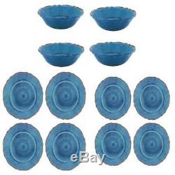 Le Cadeaux Antiqua Blue Dinner Salad PlatesCereal Bowls 12-PC Dinnerware Set