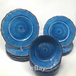 Le Cadeaux Antiqua Blue Dinner Salad PlatesCereal Bowls 12-PC Dinnerware Set