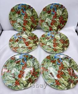Le Houx Gien France 6 Christmas Lunch Plates Holly Berry & Blue Ribbon
