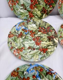 Le Houx Gien France 6 Christmas Lunch Plates Holly Berry & Blue Ribbon