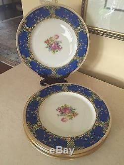 Lenox 1830 Dinner Plates 1930's Enamel Flowers Art Deco Royal Blue Set Of 5