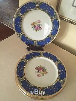 Lenox 1830 Dinner Plates 1930's Enamel Flowers Art Deco Royal Blue Set Of 5